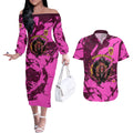 Personalised Brisbane Broncos Couples Matching Off The Shoulder Long Sleeve Dress and Hawaiian Shirt Fierce Horse Mascot In Pink Aboriginal Dot Art Style