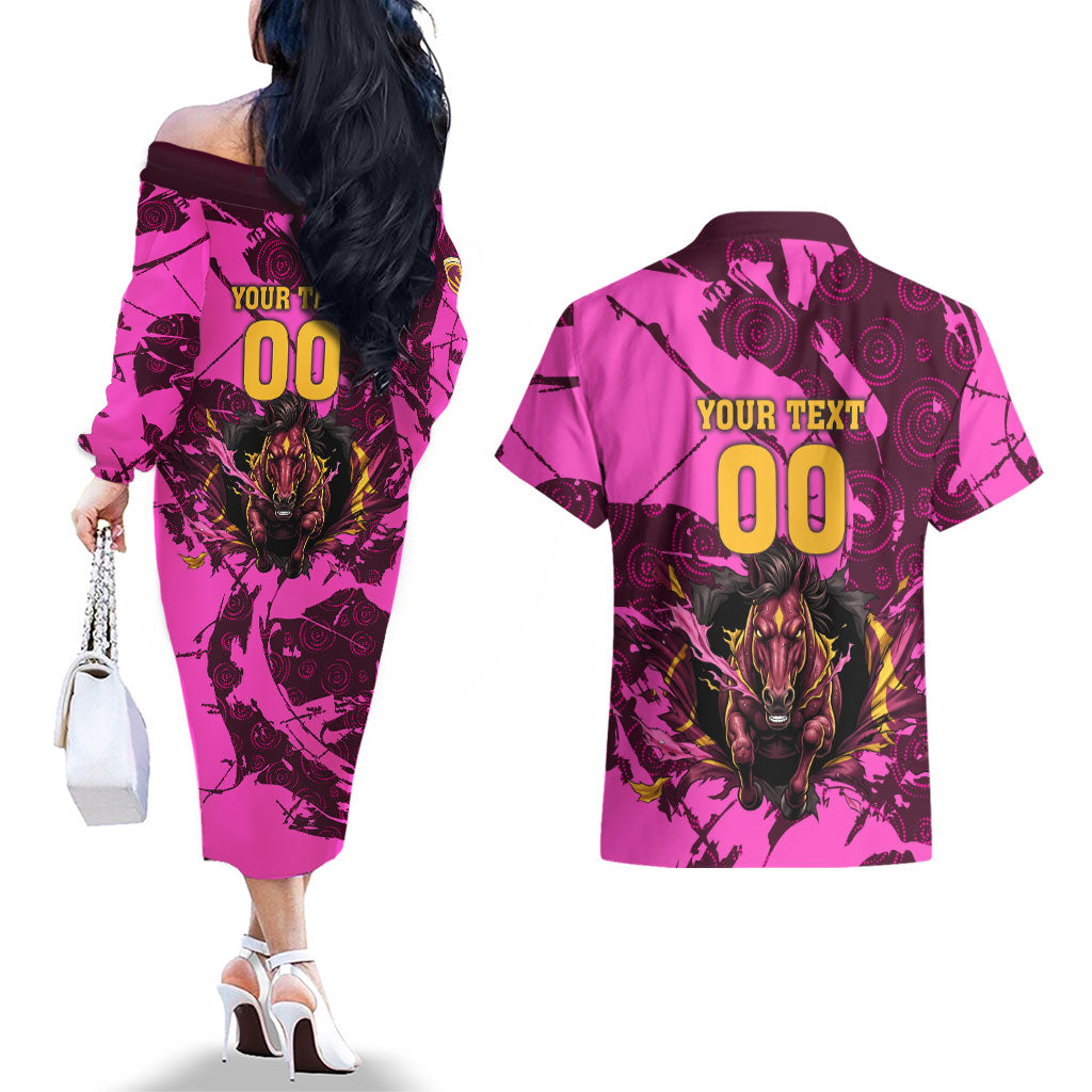 Personalised Brisbane Broncos Couples Matching Off The Shoulder Long Sleeve Dress and Hawaiian Shirt Fierce Horse Mascot In Pink Aboriginal Dot Art Style