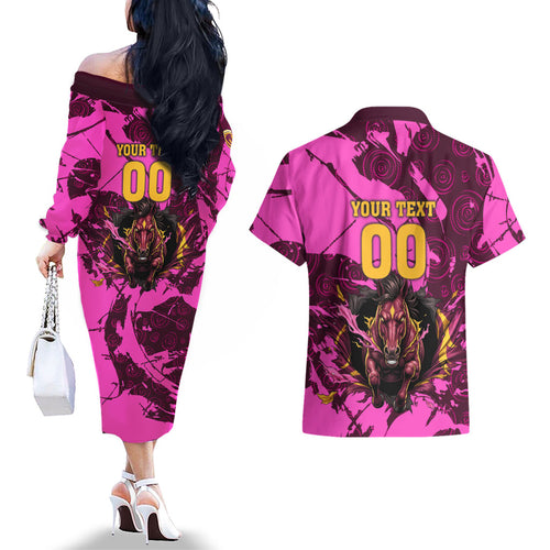 Personalised Brisbane Broncos Couples Matching Off The Shoulder Long Sleeve Dress and Hawaiian Shirt Fierce Horse Mascot In Pink Aboriginal Dot Art Style