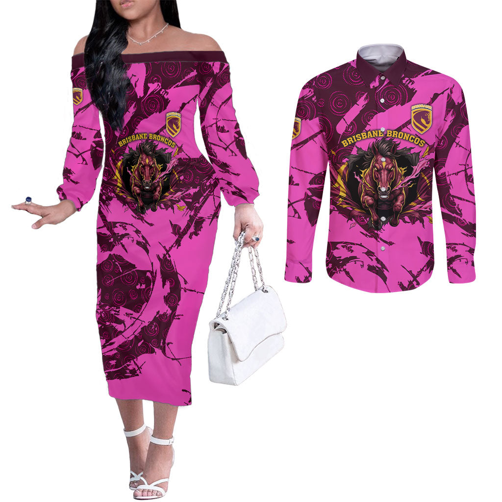 Personalised Brisbane Broncos Couples Matching Off The Shoulder Long Sleeve Dress and Long Sleeve Button Shirt Fierce Horse Mascot In Pink Aboriginal Dot Art Style