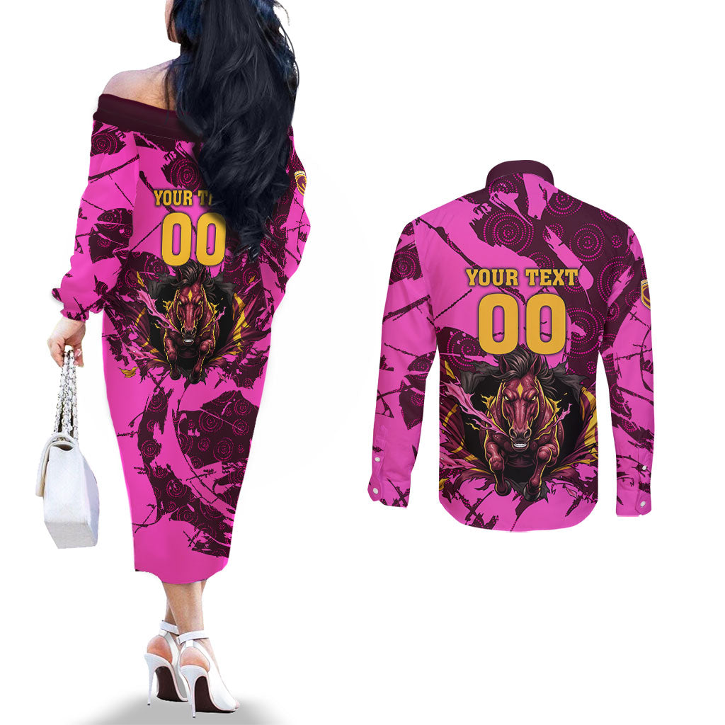 Personalised Brisbane Broncos Couples Matching Off The Shoulder Long Sleeve Dress and Long Sleeve Button Shirt Fierce Horse Mascot In Pink Aboriginal Dot Art Style