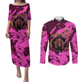 Personalised Brisbane Broncos Couples Matching Puletasi and Long Sleeve Button Shirt Fierce Horse Mascot In Pink Aboriginal Dot Art Style