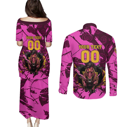 Personalised Brisbane Broncos Couples Matching Puletasi and Long Sleeve Button Shirt Fierce Horse Mascot In Pink Aboriginal Dot Art Style