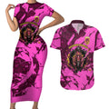 Personalised Brisbane Broncos Couples Matching Short Sleeve Bodycon Dress and Hawaiian Shirt Fierce Horse Mascot In Pink Aboriginal Dot Art Style