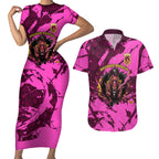 Personalised Brisbane Broncos Couples Matching Short Sleeve Bodycon Dress and Hawaiian Shirt Fierce Horse Mascot In Pink Aboriginal Dot Art Style