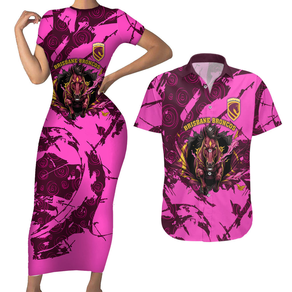 Personalised Brisbane Broncos Couples Matching Short Sleeve Bodycon Dress and Hawaiian Shirt Fierce Horse Mascot In Pink Aboriginal Dot Art Style