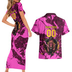 Personalised Brisbane Broncos Couples Matching Short Sleeve Bodycon Dress and Hawaiian Shirt Fierce Horse Mascot In Pink Aboriginal Dot Art Style