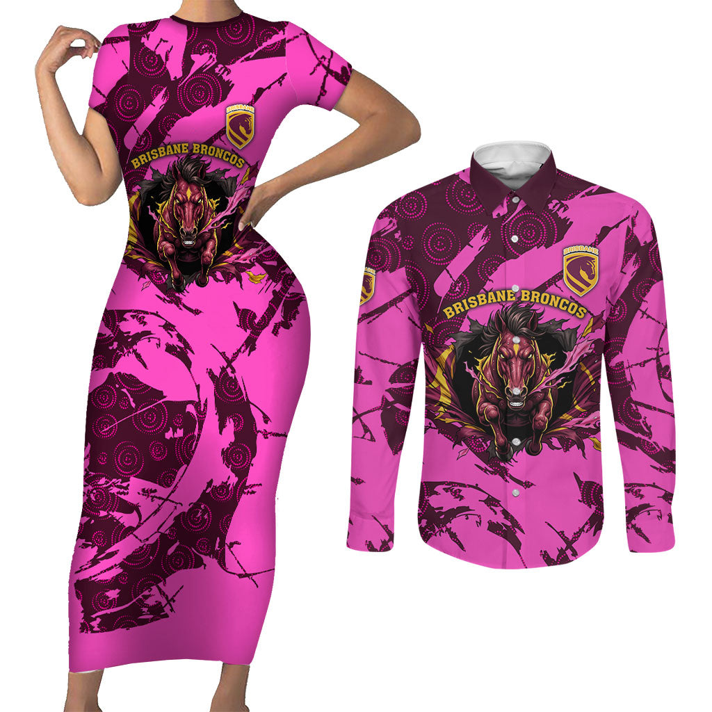 Personalised Brisbane Broncos Couples Matching Short Sleeve Bodycon Dress and Long Sleeve Button Shirt Fierce Horse Mascot In Pink Aboriginal Dot Art Style