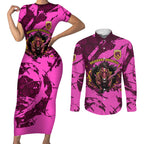 Personalised Brisbane Broncos Couples Matching Short Sleeve Bodycon Dress and Long Sleeve Button Shirt Fierce Horse Mascot In Pink Aboriginal Dot Art Style
