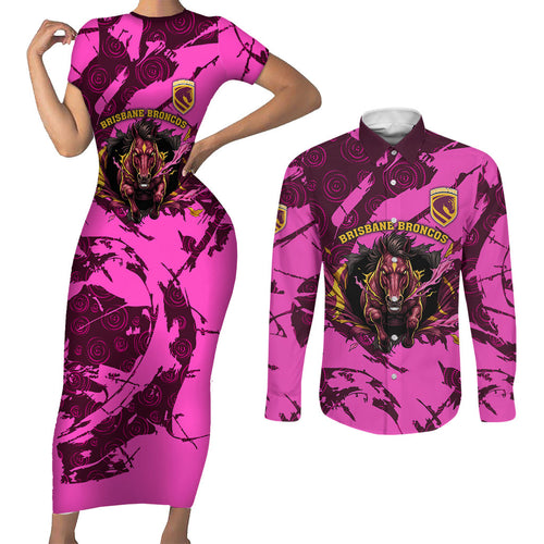 Personalised Brisbane Broncos Couples Matching Short Sleeve Bodycon Dress and Long Sleeve Button Shirt Fierce Horse Mascot In Pink Aboriginal Dot Art Style