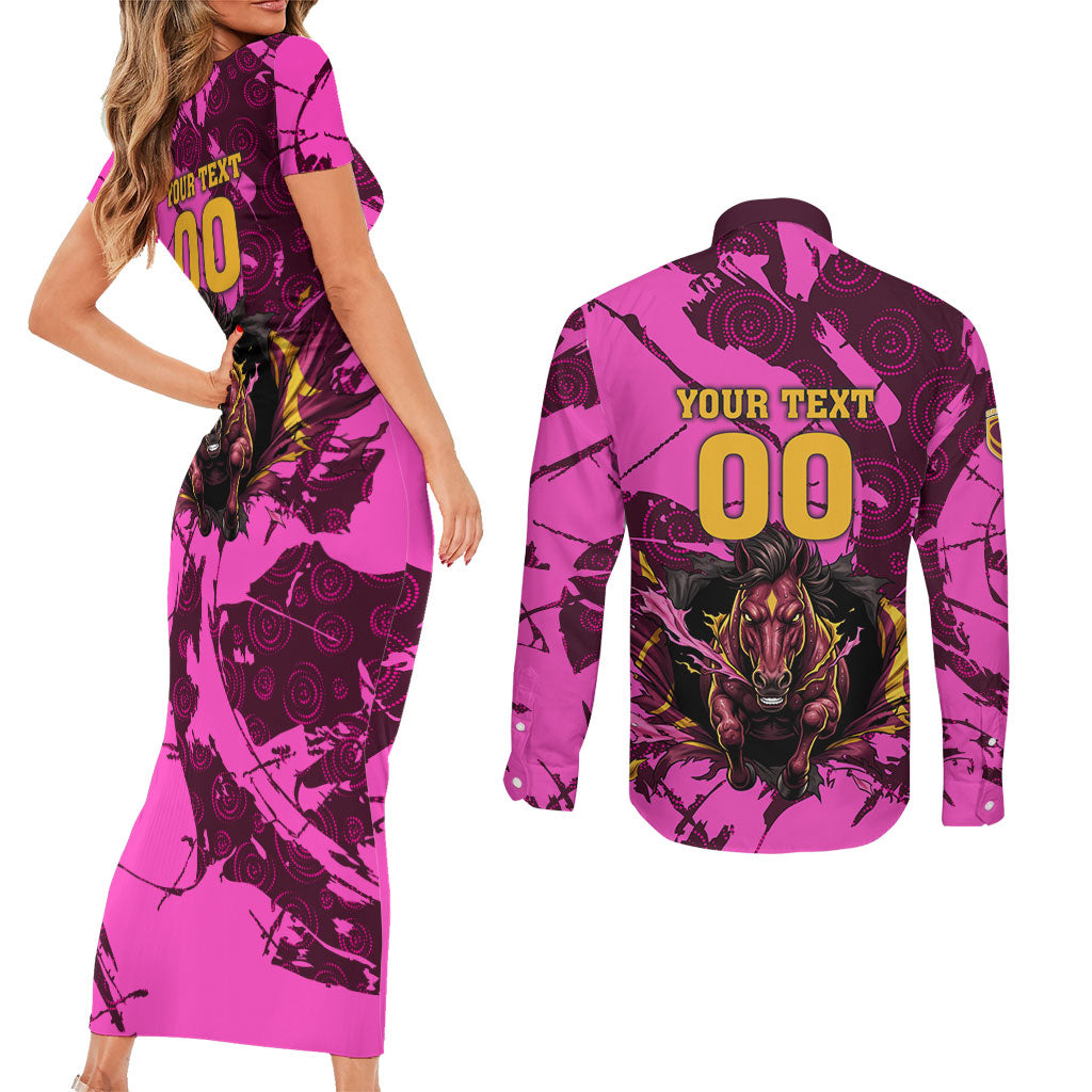 Personalised Brisbane Broncos Couples Matching Short Sleeve Bodycon Dress and Long Sleeve Button Shirt Fierce Horse Mascot In Pink Aboriginal Dot Art Style