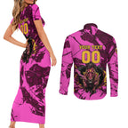 Personalised Brisbane Broncos Couples Matching Short Sleeve Bodycon Dress and Long Sleeve Button Shirt Fierce Horse Mascot In Pink Aboriginal Dot Art Style