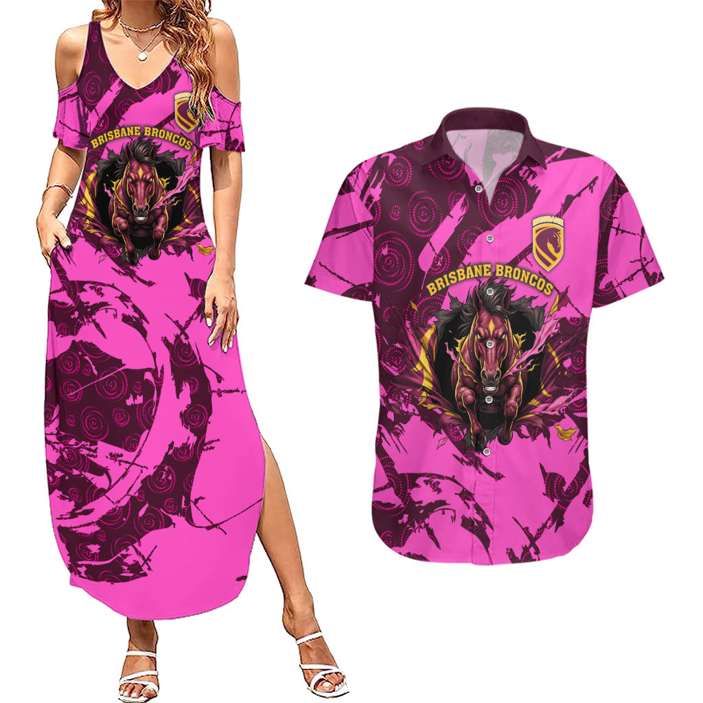 Personalised Brisbane Broncos Couples Matching Summer Maxi Dress and Hawaiian Shirt Fierce Horse Mascot In Pink Aboriginal Dot Art Style