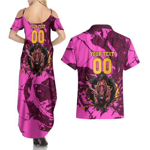 Personalised Brisbane Broncos Couples Matching Summer Maxi Dress and Hawaiian Shirt Fierce Horse Mascot In Pink Aboriginal Dot Art Style