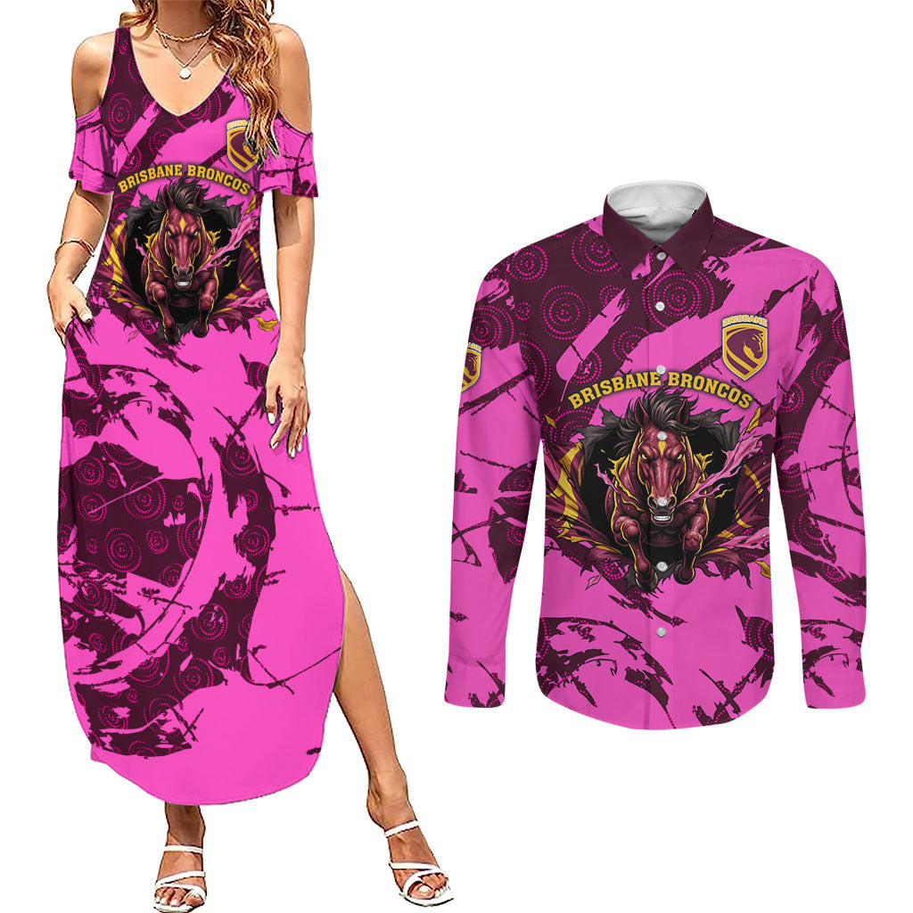 Personalised Brisbane Broncos Couples Matching Summer Maxi Dress and Long Sleeve Button Shirt Fierce Horse Mascot In Pink Aboriginal Dot Art Style