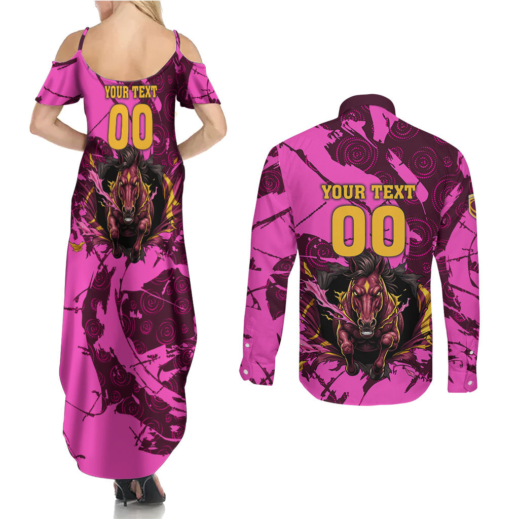 Personalised Brisbane Broncos Couples Matching Summer Maxi Dress and Long Sleeve Button Shirt Fierce Horse Mascot In Pink Aboriginal Dot Art Style