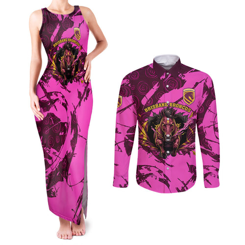 Personalised Brisbane Broncos Couples Matching Tank Maxi Dress and Long Sleeve Button Shirt Fierce Horse Mascot In Pink Aboriginal Dot Art Style
