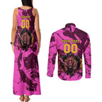 Personalised Brisbane Broncos Couples Matching Tank Maxi Dress and Long Sleeve Button Shirt Fierce Horse Mascot In Pink Aboriginal Dot Art Style