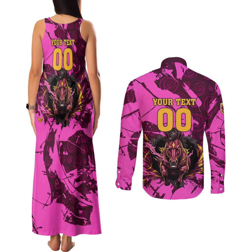 Personalised Brisbane Broncos Couples Matching Tank Maxi Dress and Long Sleeve Button Shirt Fierce Horse Mascot In Pink Aboriginal Dot Art Style