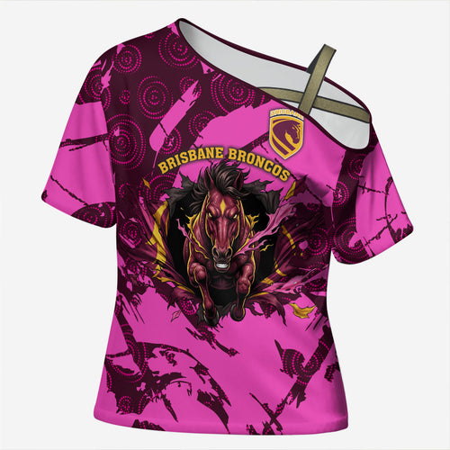 Personalised Brisbane Broncos Cross Shoulder Shirt Fierce Horse Mascot In Pink Aboriginal Dot Art Style