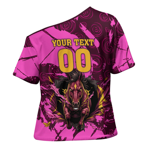 Personalised Brisbane Broncos Cross Shoulder Shirt Fierce Horse Mascot In Pink Aboriginal Dot Art Style