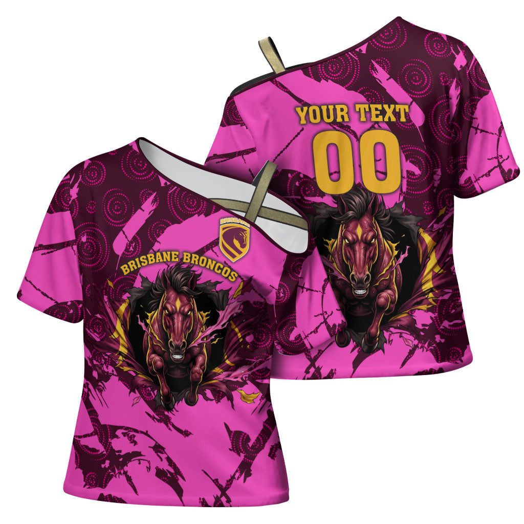 Personalised Brisbane Broncos Cross Shoulder Shirt Fierce Horse Mascot In Pink Aboriginal Dot Art Style