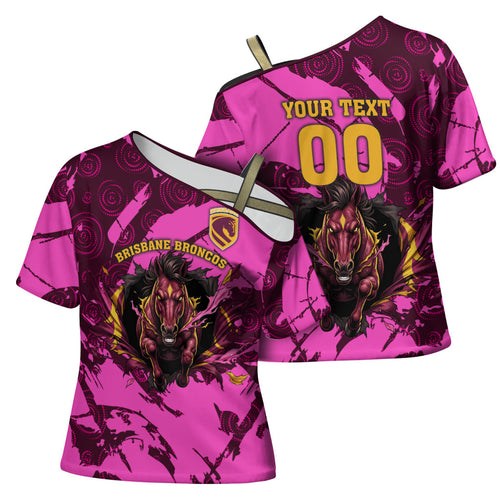 Personalised Brisbane Broncos Cross Shoulder Shirt Fierce Horse Mascot In Pink Aboriginal Dot Art Style