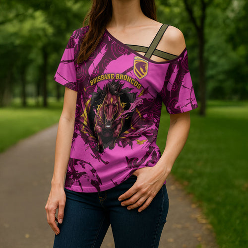 Personalised Brisbane Broncos Cross Shoulder Shirt Fierce Horse Mascot In Pink Aboriginal Dot Art Style