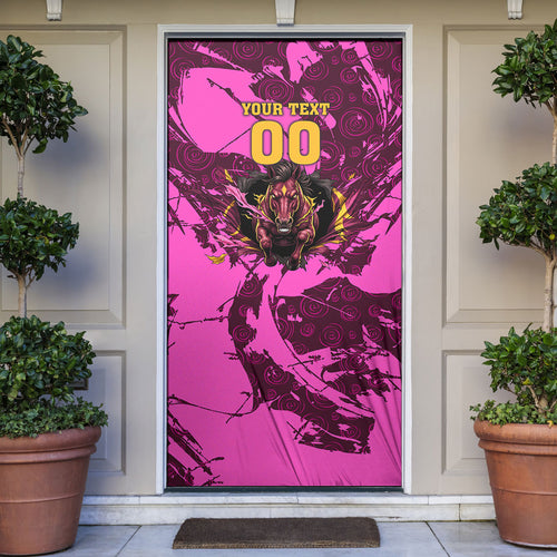 Personalised Brisbane Broncos Door Cover Fierce Horse Mascot In Pink Aboriginal Dot Art Style