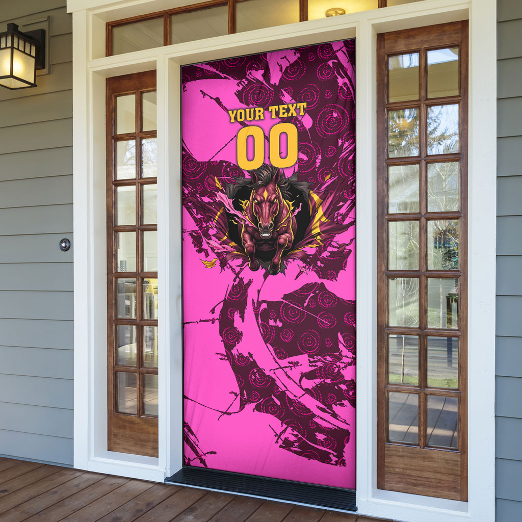 Personalised Brisbane Broncos Door Cover Fierce Horse Mascot In Pink Aboriginal Dot Art Style