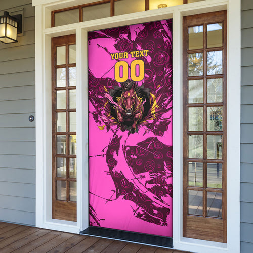 Personalised Brisbane Broncos Door Cover Fierce Horse Mascot In Pink Aboriginal Dot Art Style