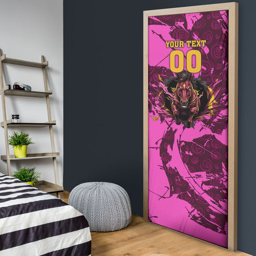 Personalised Brisbane Broncos Door Cover Fierce Horse Mascot In Pink Aboriginal Dot Art Style