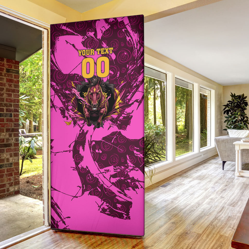 Personalised Brisbane Broncos Door Cover Fierce Horse Mascot In Pink Aboriginal Dot Art Style