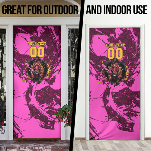 Personalised Brisbane Broncos Door Cover Fierce Horse Mascot In Pink Aboriginal Dot Art Style