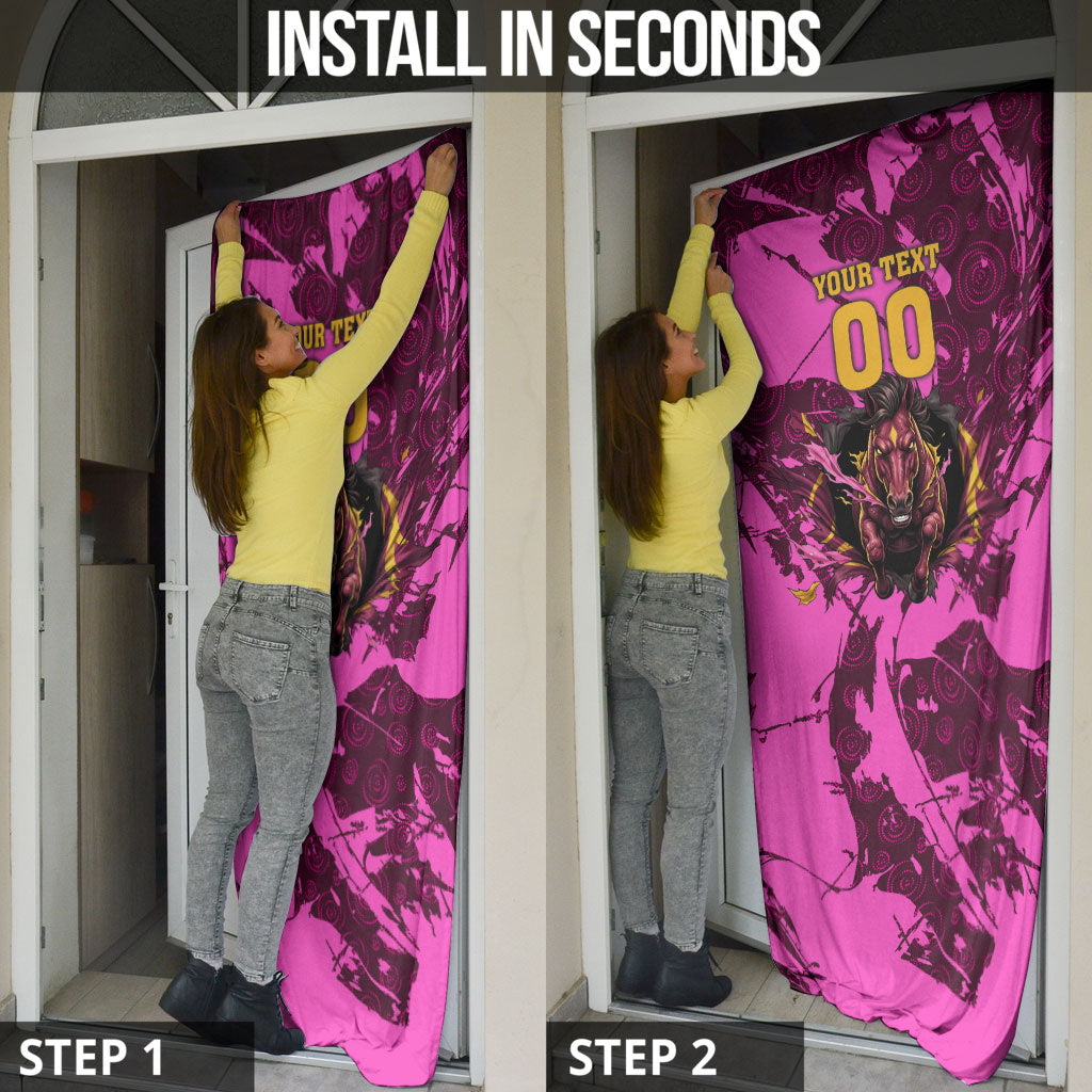 Personalised Brisbane Broncos Door Cover Fierce Horse Mascot In Pink Aboriginal Dot Art Style