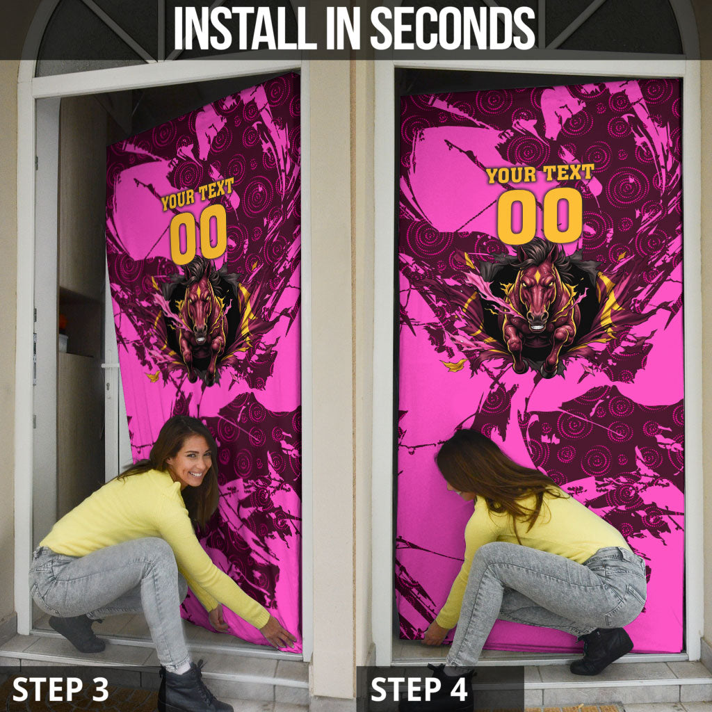 Personalised Brisbane Broncos Door Cover Fierce Horse Mascot In Pink Aboriginal Dot Art Style