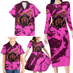 Personalised Brisbane Broncos Family Matching Long Sleeve Bodycon Dress and Hawaiian Shirt Fierce Horse Mascot In Pink Aboriginal Dot Art Style