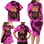 Personalised Brisbane Broncos Family Matching Long Sleeve Bodycon Dress and Hawaiian Shirt Fierce Horse Mascot In Pink Aboriginal Dot Art Style