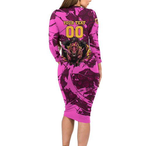 Personalised Brisbane Broncos Family Matching Long Sleeve Bodycon Dress and Hawaiian Shirt Fierce Horse Mascot In Pink Aboriginal Dot Art Style