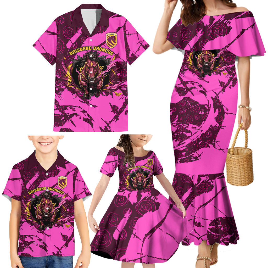 Personalised Brisbane Broncos Family Matching Mermaid Dress and Hawaiian Shirt Fierce Horse Mascot In Pink Aboriginal Dot Art Style