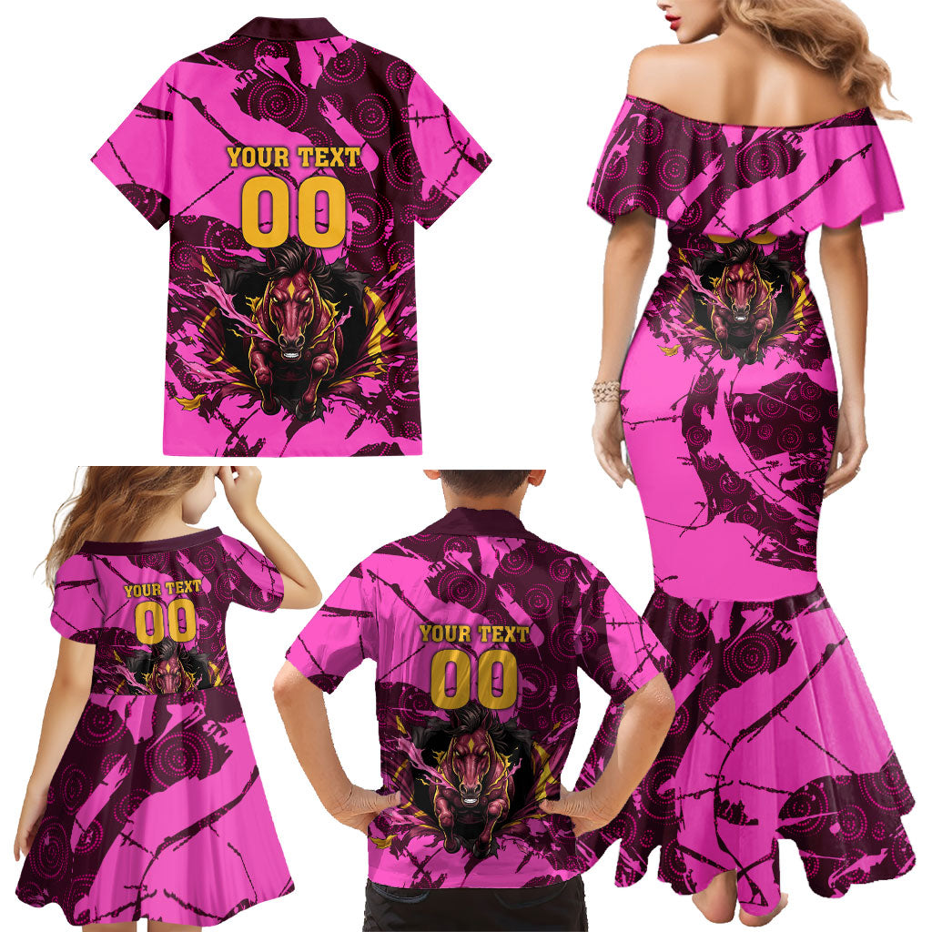 Personalised Brisbane Broncos Family Matching Mermaid Dress and Hawaiian Shirt Fierce Horse Mascot In Pink Aboriginal Dot Art Style