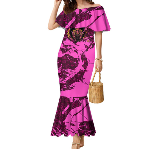 Personalised Brisbane Broncos Family Matching Mermaid Dress and Hawaiian Shirt Fierce Horse Mascot In Pink Aboriginal Dot Art Style