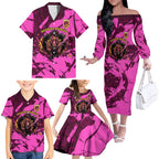 Personalised Brisbane Broncos Family Matching Off The Shoulder Long Sleeve Dress and Hawaiian Shirt Fierce Horse Mascot In Pink Aboriginal Dot Art Style