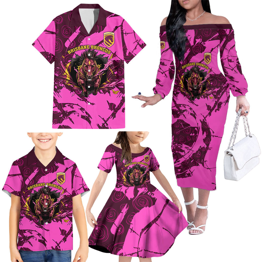 Personalised Brisbane Broncos Family Matching Off The Shoulder Long Sleeve Dress and Hawaiian Shirt Fierce Horse Mascot In Pink Aboriginal Dot Art Style