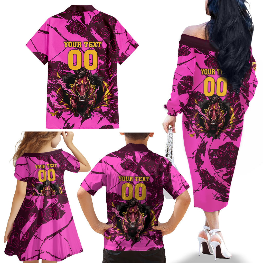 Personalised Brisbane Broncos Family Matching Off The Shoulder Long Sleeve Dress and Hawaiian Shirt Fierce Horse Mascot In Pink Aboriginal Dot Art Style