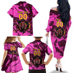 Personalised Brisbane Broncos Family Matching Off The Shoulder Long Sleeve Dress and Hawaiian Shirt Fierce Horse Mascot In Pink Aboriginal Dot Art Style