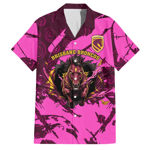 Personalised Brisbane Broncos Family Matching Off The Shoulder Long Sleeve Dress and Hawaiian Shirt Fierce Horse Mascot In Pink Aboriginal Dot Art Style