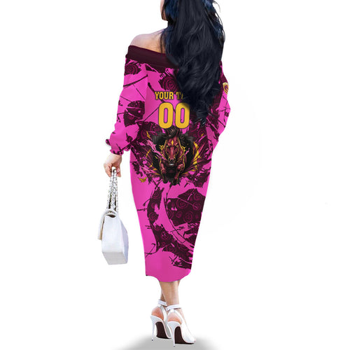 Personalised Brisbane Broncos Family Matching Off The Shoulder Long Sleeve Dress and Hawaiian Shirt Fierce Horse Mascot In Pink Aboriginal Dot Art Style