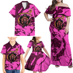 Personalised Brisbane Broncos Family Matching Off Shoulder Maxi Dress and Hawaiian Shirt Fierce Horse Mascot In Pink Aboriginal Dot Art Style