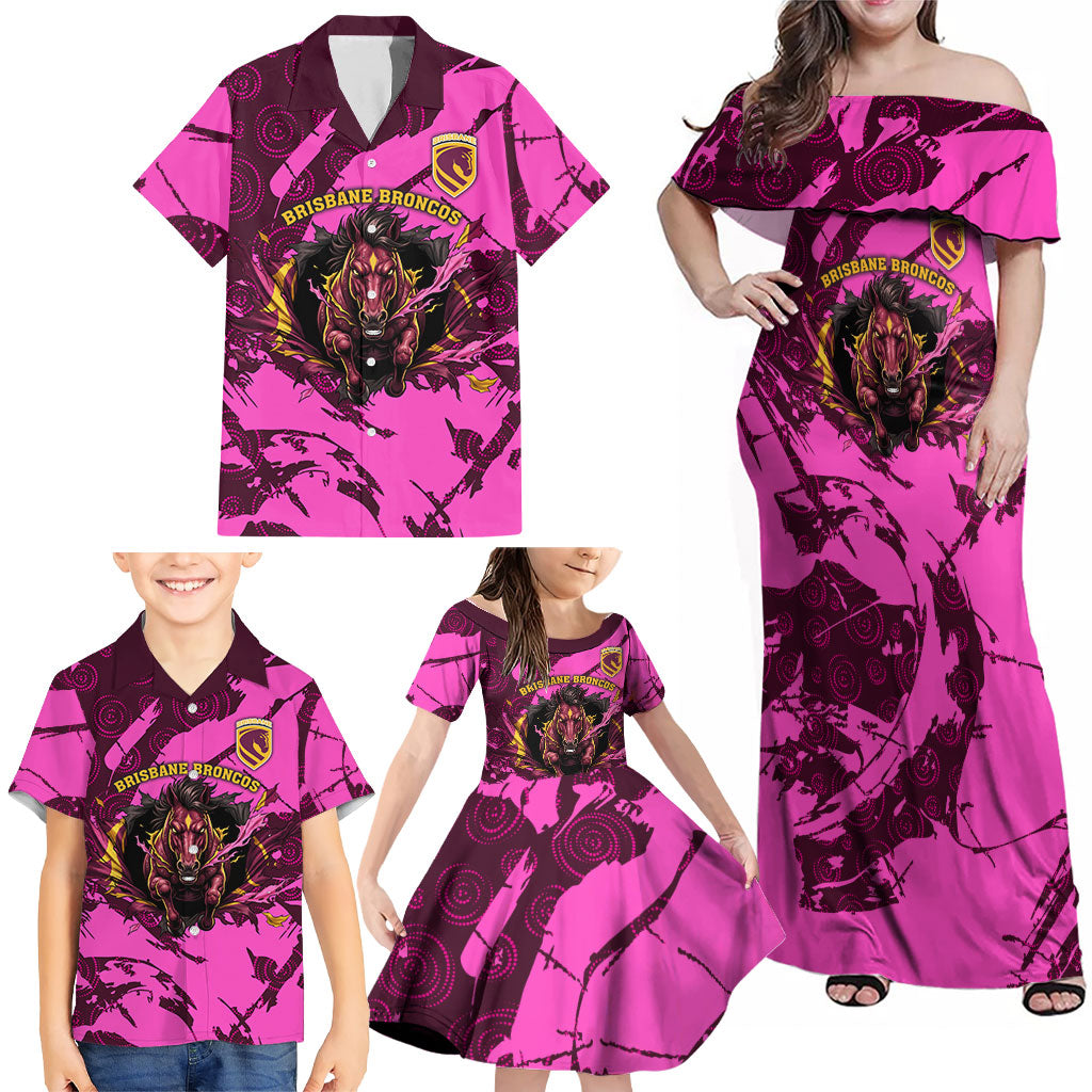 Personalised Brisbane Broncos Family Matching Off Shoulder Maxi Dress and Hawaiian Shirt Fierce Horse Mascot In Pink Aboriginal Dot Art Style